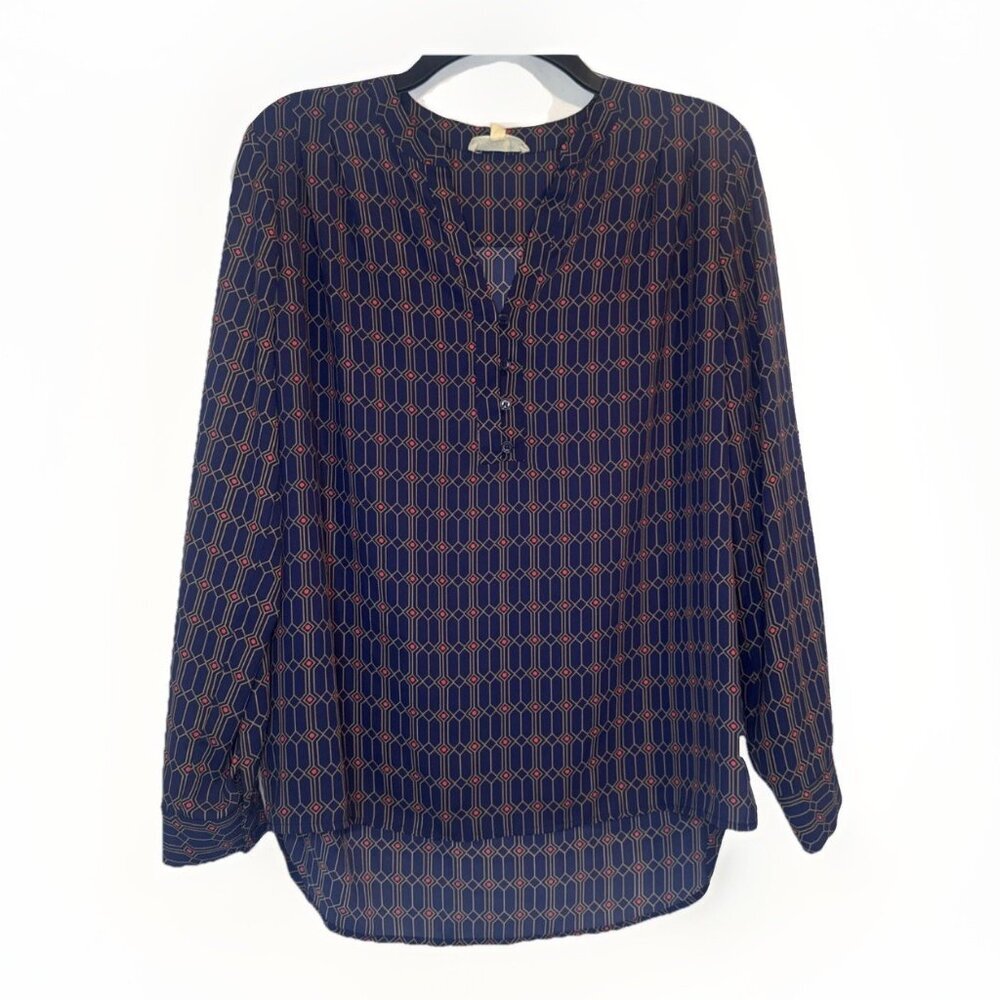 Pleione Women’s Blue Red Long Sleeve V Neck Popover Blouse Top Sz M NEW